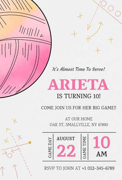 Watercolor Volleyball 10th Birthday Party Invitation Template, featuring a fun and vibrant design