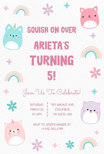 Whimsical Cartoon-Themed Kids Rainbow Birthday Invitation Template with Fun and Colorful Illustrations