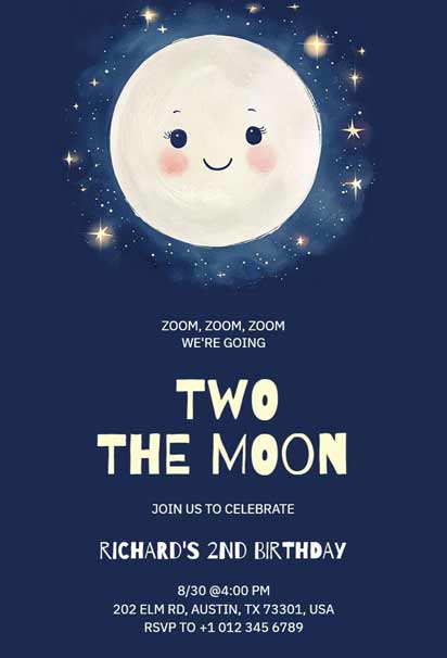 Whimsical Two the Moon 2nd Birthday Party Invitation Template featuring a dreamy and fun design