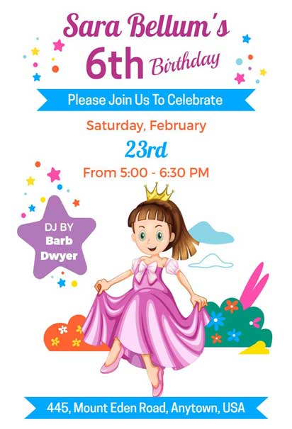 White and Maroon Princess 6th Birthday Invitation Template with elegant design