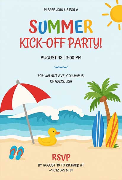 Bright Beach-Themed Summer Party invitation template With Colorful Umbrellas, Palm Trees, and Ocean Waves