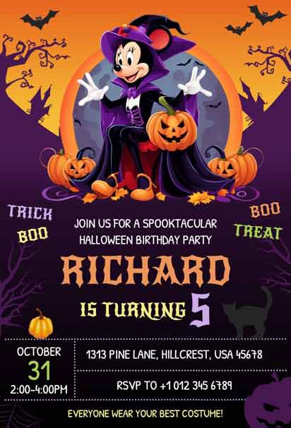 Spooky Minnie Mouse Halloween Birthday Invitation with Orange and Black Bats, Pumpkins
