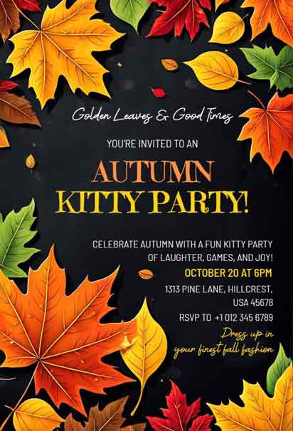 Golden Leaves Autumn Kitty Party Invitation With Colorful Leaves