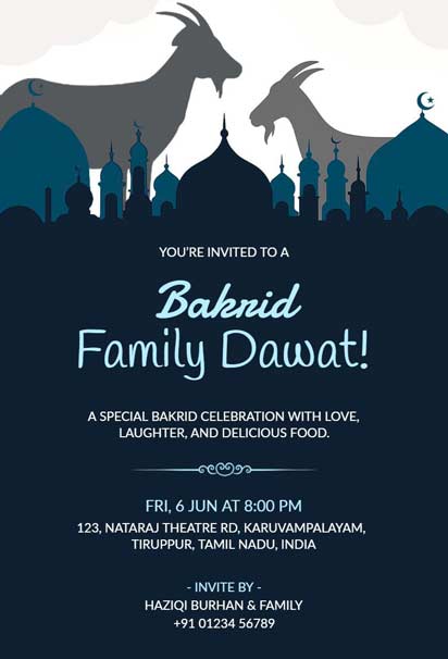 Bakrid Family Dawat Invitation With Goat Silhouettes And Mosque Illustrations