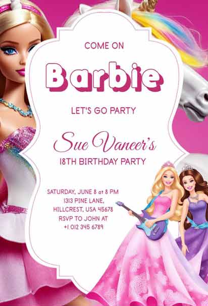 Pink Barbie 18th Birthday Party Invitation With Dolls And Unicorn For Sue Vaneer