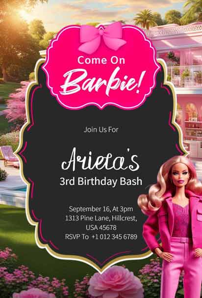 Pink Barbie 3rd Birthday Bash Invitation With Doll And Dreamhouse Background