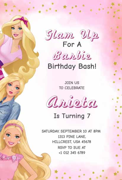 Pink Barbie Birthday Bash Invitation With Three Dolls And Sparkling Stars 