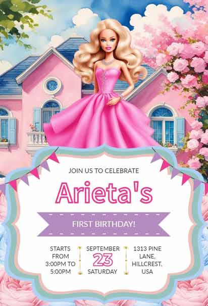 Pink Barbie First Birthday Invitation With Dreamhouse And Floral Background