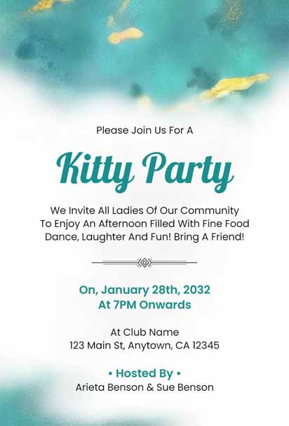 Teal And Gold Kitty Party Invitation With Watercolor Background