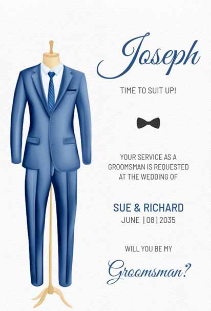 Blue Suit Groomsman Invitation With Elegant Typography And Mannequin Illustration