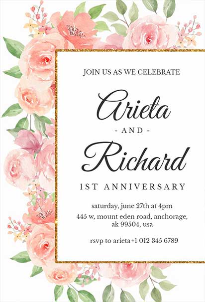 Elegant Wedding Anniversary Invitation With Blush Watercolor Florals and Soft Romantic Accents
