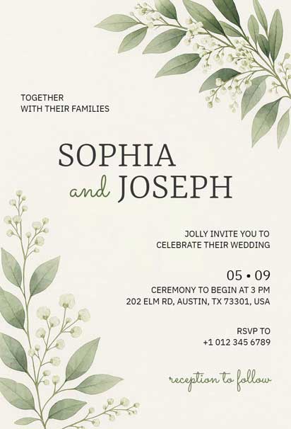 Elegant Wedding Invitation Featuring Green Botanical Illustrations and Minimalist Typography