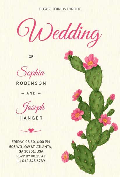 Western Wedding Invitation With Cactus And Pink Flowers On A Soft Beige Background