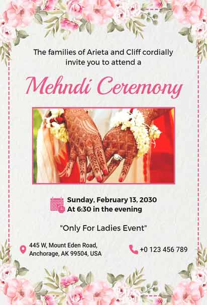 Elegant Mehndi Ceremony Invitation With Pink Roses, Henna-Adorned Hands, And Floral Jewelry