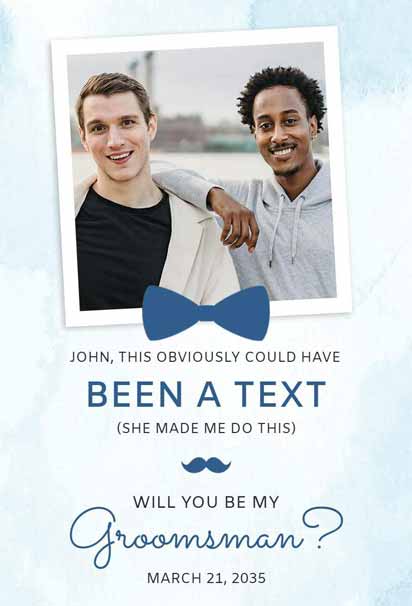 Groomsman Invitation With Blue Bow Tie And Mustache On Light Blue Background