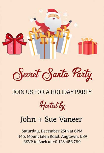 Cheerful Holiday Party Design Featuring Santa Claus, Gifts, and Festive Decorations