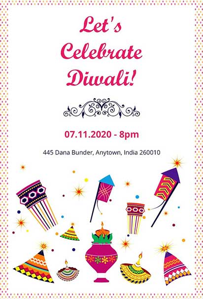 Colorful Diwali Celebration Invitation Featuring Diyas, Lanterns, and Vibrant Festive Decorative Patterns