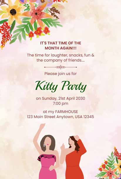 Pink Kitty Party Invitation  with Floral Motifs and Gold Typography