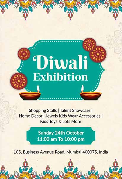 Colorful Diwali Exhibition Invitation Featuring Mandala Patterns, Diyas, and Bright Festive Decorative Elements