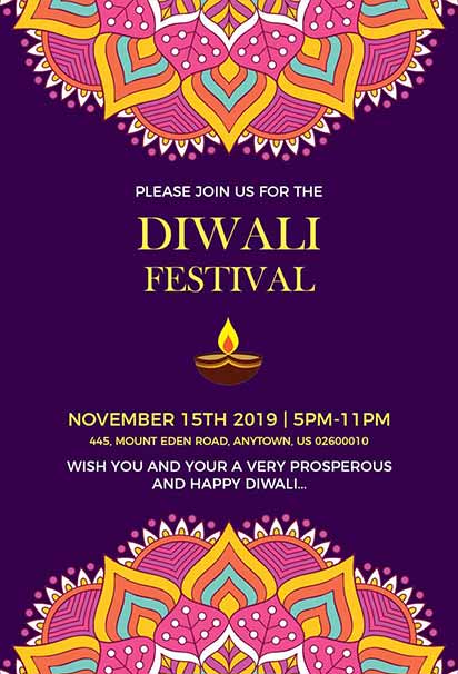 Colorful Diwali Festival Invitation Featuring Mandala Patterns on Plum Background with Bright Decorative Accents