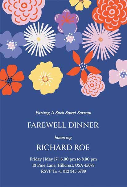 Vibrant Farewell Dinner Design With Modern Floral Illustrations and Colorful Festive Accents