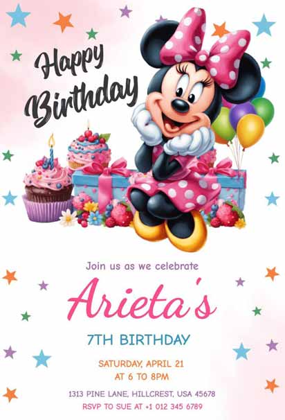 Pink And Black Minnie Mouse Seventh Birthday Invitation with Balloons and Stars