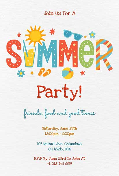 Bright Tropical Summer Party invitation template With Playful Beach Icons, Palm Trees, and Vibrant Colors