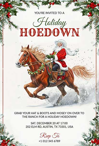 Rustic Cowboy Holiday Hoedown Design Featuring Western Motifs and Festive Decorations