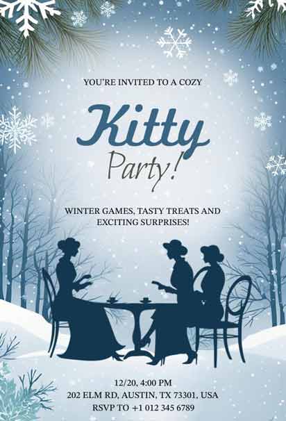 Winter Kitty Party Invitation With Silhouettes Of Women And Pine Trees