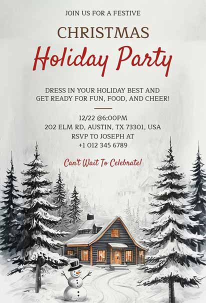 Cozy Winter Wonderland Holiday Party Design With Snowflakes, Pine Trees, and Warm Festive Accents