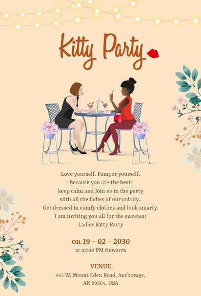 Cream Kitty Party Invitation with Elegant Floral Accents