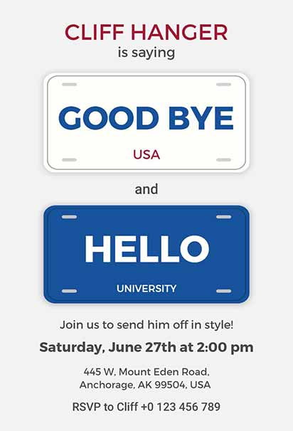 Unique Goodbye Party Design Styled as a License Plate With Bold Text