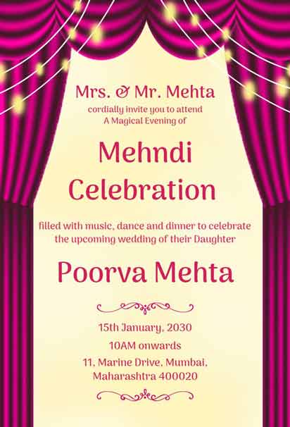 Magenta And Gold Mehndi Invitation With Draped Curtains, Soft Glow Lights, And Ornate Borders