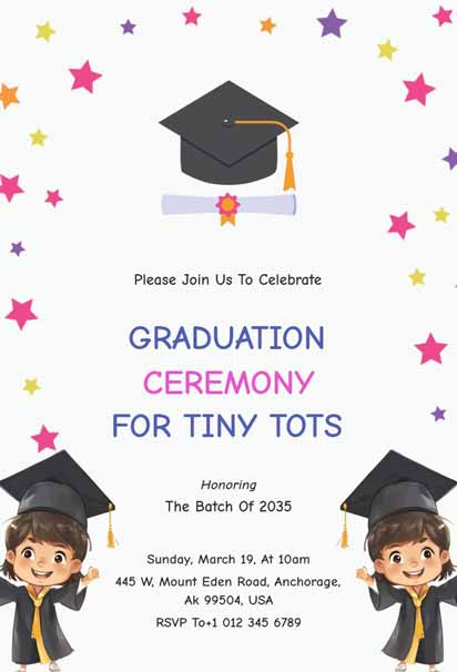 White Graduation Invitation With Multicolor Stars And Cartoon Kids
