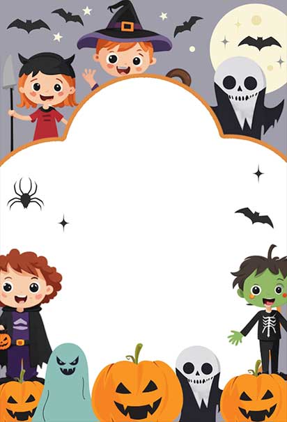 Cute Kids Halloween Costume Party Invitation Background with Playful Characters and Festive Spooky Decorations