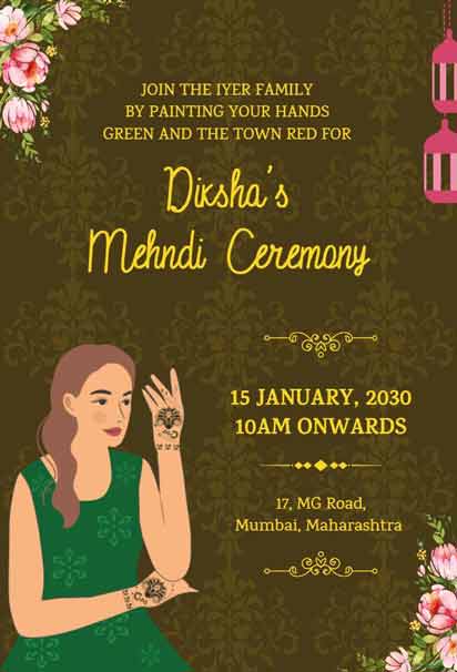 Brown Mehndi Ceremony Invitation With Pink Floral Designs, Hanging Lanterns, And Elegant Typography