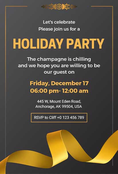 Elegant Holiday Party Design Featuring Black Background and Gold Ribbon Accents