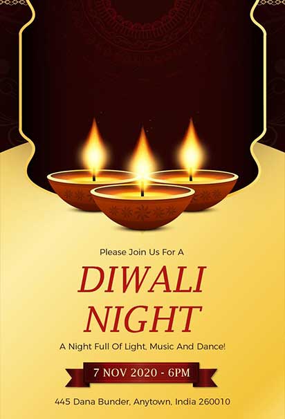 Elegant Diwali Celebration Invitation Featuring Sophisticated Diyas, Golden Accents, and Festive Decorative Patterns