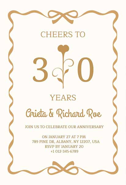 Elegant 30th Wedding Anniversary Invitation With Gold and White Accents and Sophisticated Classic Design