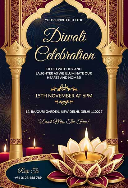 Elegant Diwali Invitation Featuring Golden Accents, Traditional Diyas, and Sophisticated Festive Typography