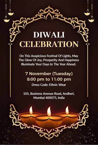 Elegant Diwali Celebration Invitation Featuring Golden Diyas, Sophisticated Decorative Accents, and Festive Typography