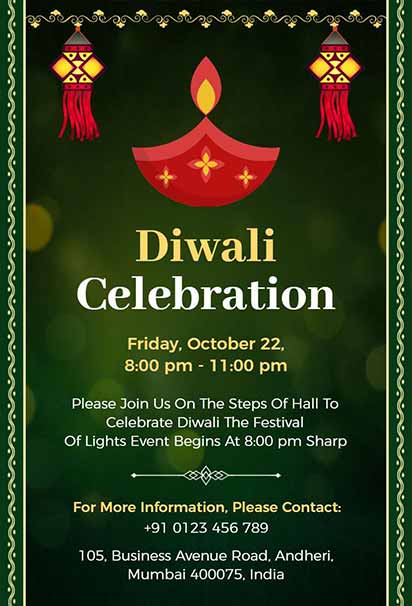 Elegant Diwali Celebration Invitation Featuring Green Background, Lanterns, Minimalist Diyas, and Sophisticated Decorative Elements