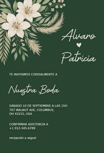 Spanish Wedding Invitation With A Green Background and White Floral Accents