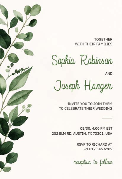 Floral Wedding Invitation with Green Leaf Watercolor Design