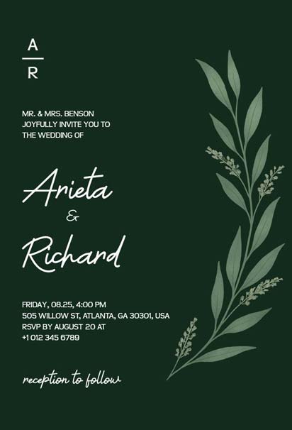 Dark Green Wedding Invitation with Elegant Leaf Illustration and Script Typography