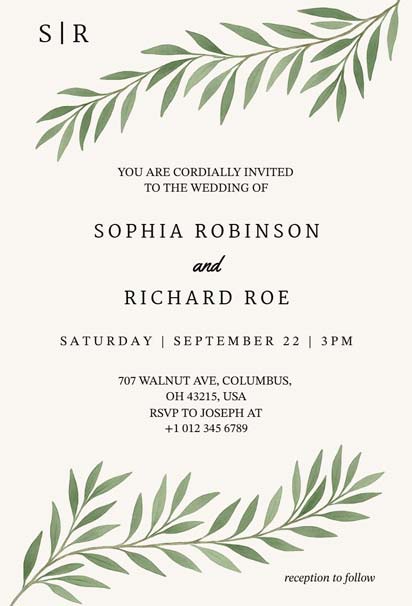 Minimalist Wedding Invitation with Olive Green Leaf Accents