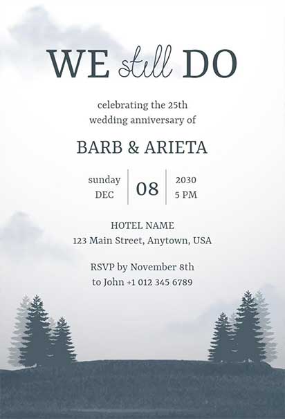 Elegant Silver Wedding Anniversary Invitation With Misty Forest Theme and Sophisticated Natural Accents