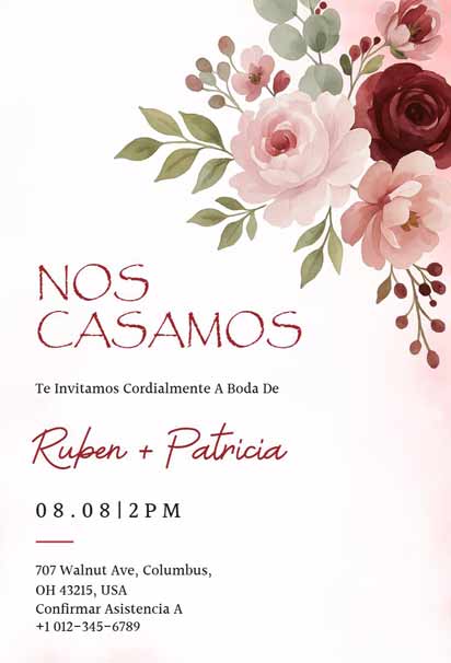Spanish Wedding Invitation With Pink And Red Floral Motif with Graceful Typography