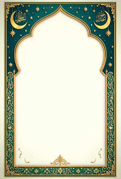 Elegant Islamic-themed invitation with a gold and teal intricate border, featuring a pointed arch design