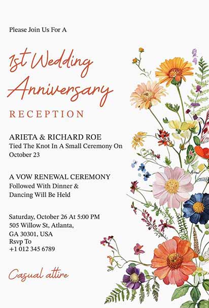 Elegant Wedding Anniversary Reception Invitation With Wildflower Accents and Sophisticated Floral Design